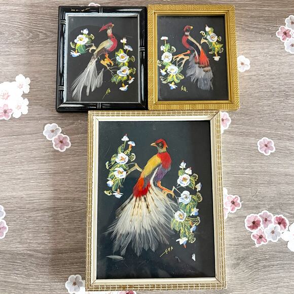 Glen F Bastion Other - VTG 1940's Feather Bird Paintings Signed Glen F. Bastion American Folk Art Set 3